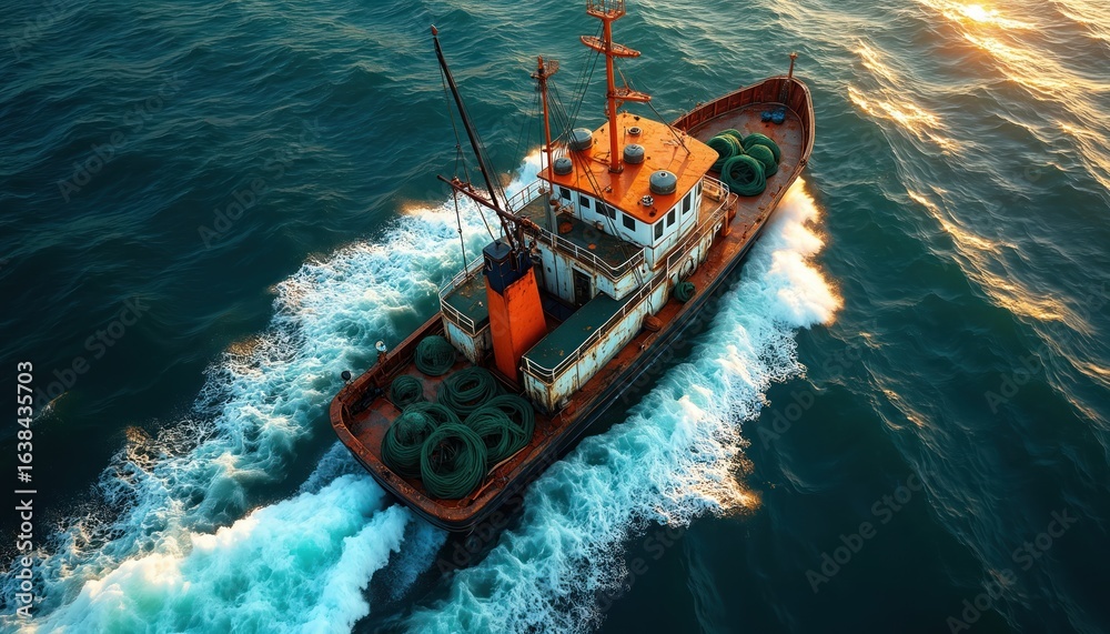 Obraz premium Aerial view of commercial fishing vessel actively engaged in sea. Nets deploy into deep blue ocean water, churning white wake trails vessel. Industry standards visible on clean, organized deck, ship