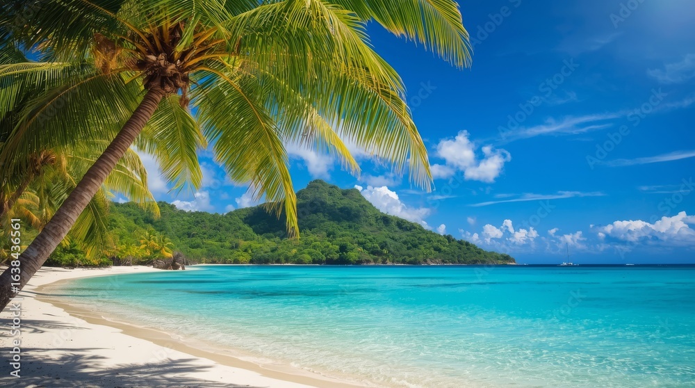 Beautiful beach with palms and turquoise sea. vibrant and picturesque tropical beach scene. The composition is framed by lush palm trees on the left, overlooking a pristine white sand beach Beautiful beach with palms and turquoise sea. vibrant and picturesque tropical beach scene. The composition is framed by lush palm trees on the left, overlooking a pristine white sand beach