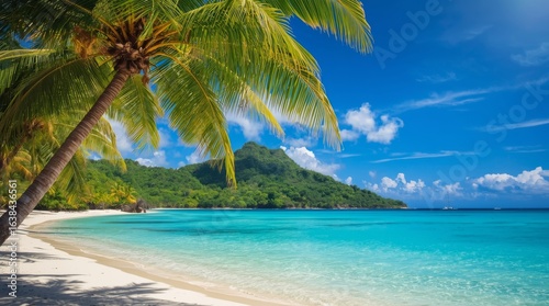 Fototapeta Naklejka Na Ścianę i Meble -  Beautiful beach with palms and turquoise sea. vibrant and picturesque tropical beach scene. The composition is framed by lush palm trees on the left, overlooking a pristine white sand beach
