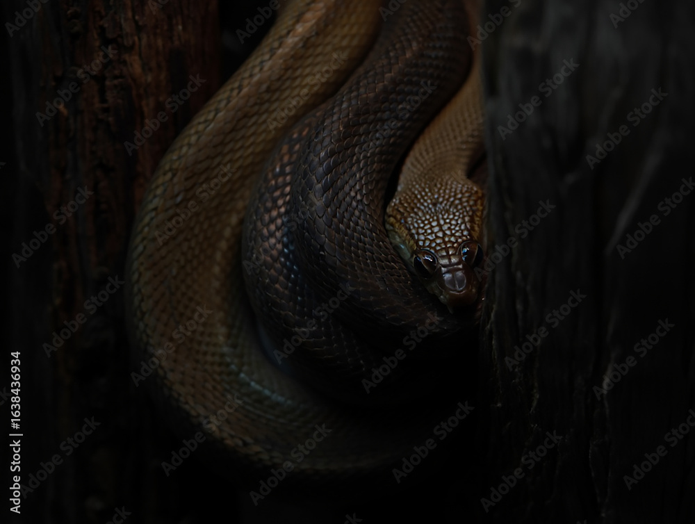 Fototapeta premium Close up of a coiled brown snake head peeking from dark wood