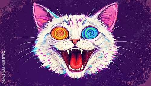 Psychedelic white cat with swirling eyes and open mouth.
