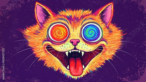 Psychedelic cat face with swirling rainbow eyes, wide grin, and tongue out.