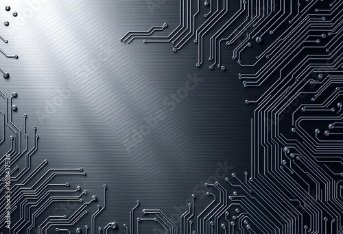 Sleek gray metallic surface with intricate circuit board texture, futuristic tech backdrop,  science,  high tech