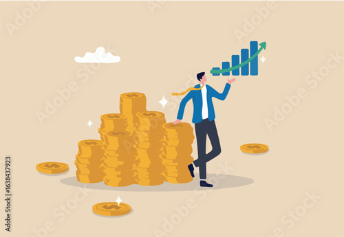 Success investment growth, wealth management, saving or increase income, rich life, earning profit or growing pension fund, prosperity concept, rich businessman with coin stack and growth chart.