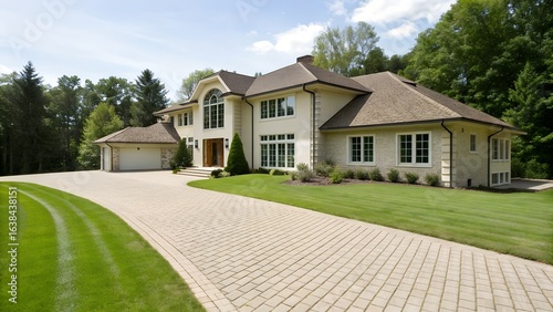 Exterior view of a large cream colored house with a brick driveway and green lawn on a sunny day