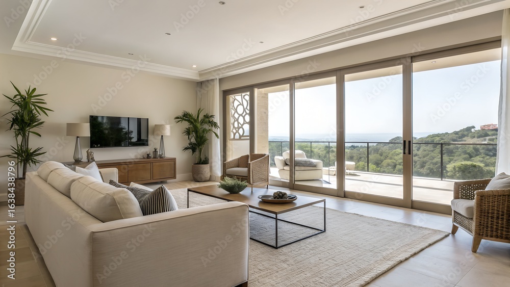 Fototapeta premium Bright living room with large sliding doors and balcony overlooking a lush green landscape view