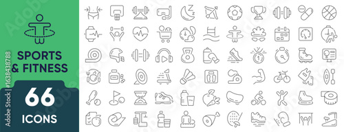 Sport and Fitness Line Icon Set. Set of 66 outline icons including exercise, gym, workout, training, sports equipment, healthy lifestyle, and activities. Editable stroke. Linear vector illustration