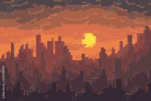 Building in the city under the sun, Vector background in 8 bit style