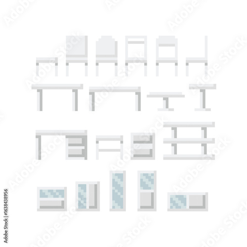 Pixel art 8 bit style. Set of Furniture, Chair, Table and Cabinet.