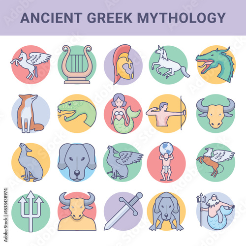 Ancient Greek Mythology icons depict legendary gods, goddesses, creatures, and symbols from classical antiquity. These illustrations are ideal for educational, historical, or creative design projects.