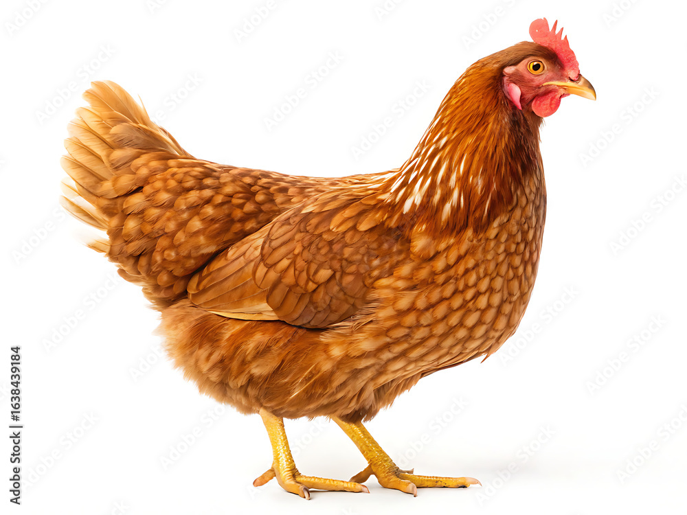 Fototapeta premium A single brown hen standing on a white background in a studio setting with good lighting detail