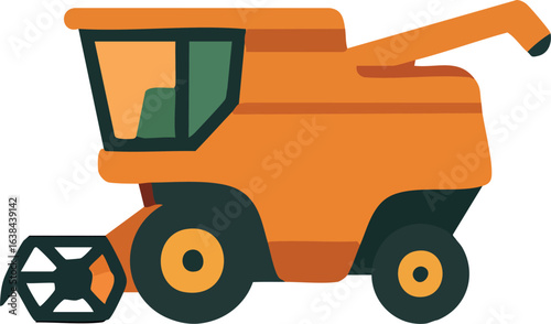 A flat-style illustration of an orange combine harvester with a green-tinted cab, large black wheels, and a front harvesting header, designed in a simple agricultural equipment style.