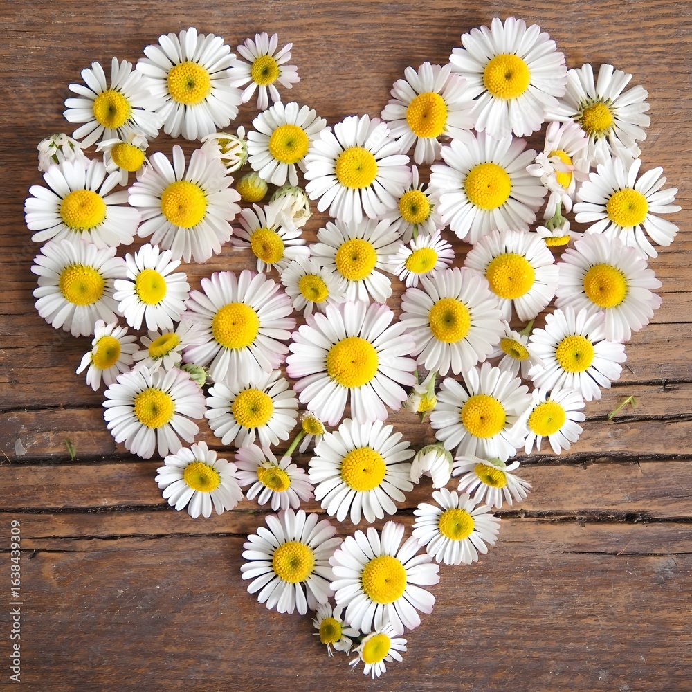 Obraz premium Heart-Shaped Arrangement of White and Yellow Daisies on Soft Green Background – Springtime Love Theme