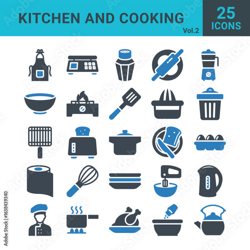 Kitchen and cooking icons visually represent culinary tools, appliances, and food, making recipes, apps, and menus more intuitive and engaging.