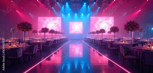 Luxurious event space ready for gala dinner conference. Features elegant table settings with floral centerpieces, ambient lighting, large projection screens. Modern design with runway-like aisle