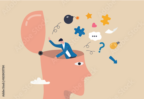 Declutter your mind, clear your brain to regain focus improve creative thinking ability, free up memory concept, ambitious businessman declutter, clean and clear all messy anxiety from his big head.