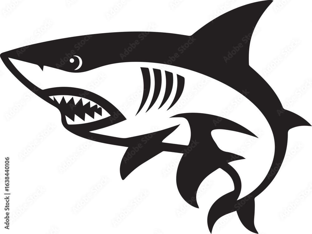 Obraz premium Silhouette Style Vector Shark Logo Design Icon – Minimal Powerful Ocean Predator Symbol for Marine, Adventure, Sports, or Fishing Branding, Monochrome Aggressive Shark Graphic for Print, Web, and Merc
