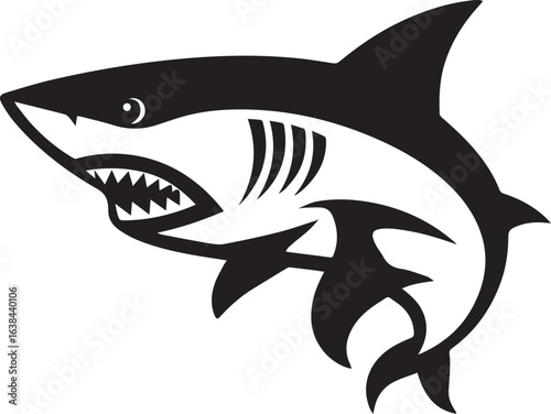 Silhouette Style Vector Shark Logo Design Icon – Minimal Powerful Ocean Predator Symbol for Marine, Adventure, Sports, or Fishing Branding, Monochrome Aggressive Shark Graphic for Print, Web, and Merc