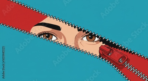 Woman's eyes peeking through a red zipper on a teal background.