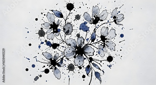 Watercolor floral illustration with ink splashes isolated on white background, a beautiful and artistic design for cards, invitations, and decorative elements