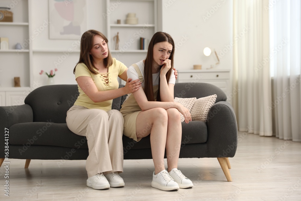 Obraz premium Woman apologizing to her offended friend on sofa at home