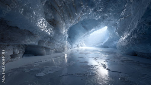 Interior of ice cave with translucent blue walls and frozen reflective floor, panoramic view