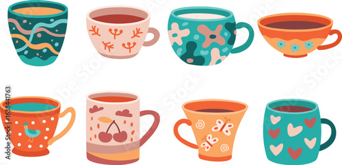 Colorful ceramics for coffee and tea include a set of mugs and cups