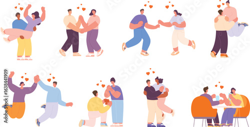 Diverse couples sharing love and joy in various romantic poses and scenes, perfect for Valentine's day