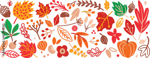 Autumn's vibrant bounty of leaves, acorns, and pumpkins create a whimsical seasonal design element