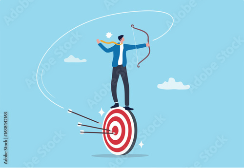 Easy achieve goal, business target, confident or skill to success, challenge for marketing strategy, aiming at goal, perfection or objective concept, businessman easy aim at target bullseye.