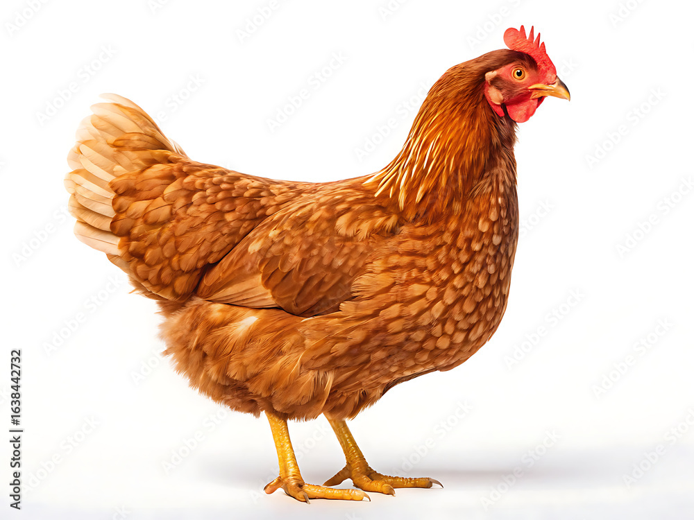 Fototapeta premium A side view of a brown hen with a red comb standing on a white background in a studio setting