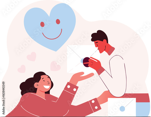 Romantic couple sending love letter to each other, flat vector illustration.