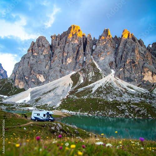 Scenic Mountain Landscape with RV at Lago di Antorno, Dolomites, Italy at Sunset