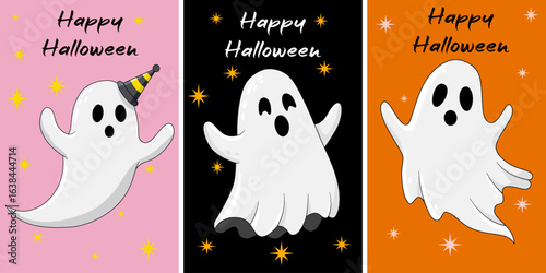 Happy Halloween. Set of cartoon retro halloween posters. Vintage banners. Ghost, boo. Scary groovy placard set