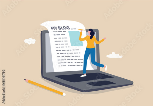 Content writer or blogger, start new blog writing article online or journalism, storytelling and social marketing concept, creative young woman writing blog on paper from online laptop computer.