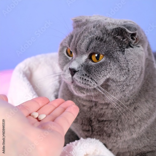 Scottish Fold cat receiving medication in a studio setting on blue backdrop