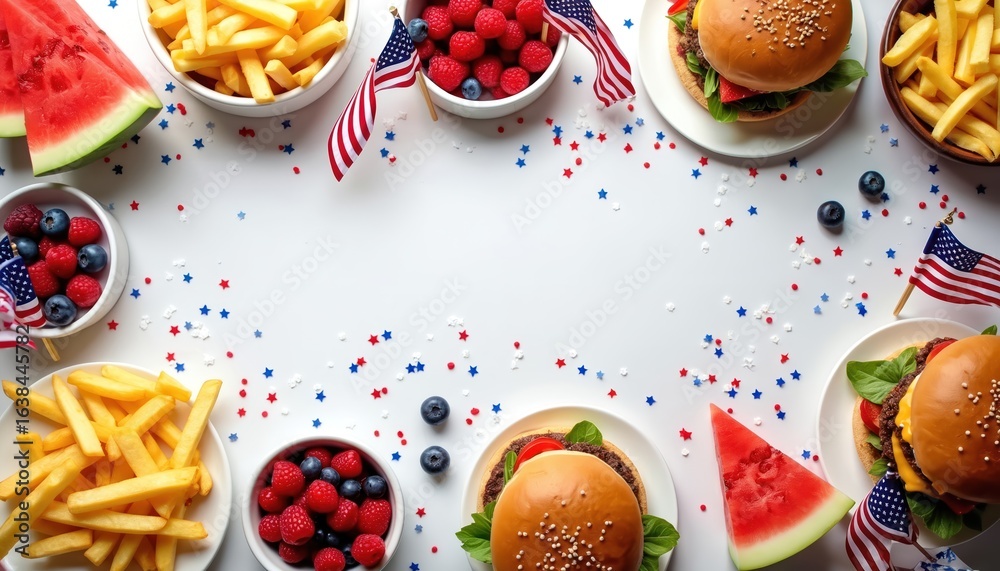 custom made wallpaper toronto digitalFestive Independence Day BBQ spread featuring classic American foods like burgers, fries. Decorated with US flags, confetti, watermelon, blueberries, raspberries, overhead shot evokes patriotic