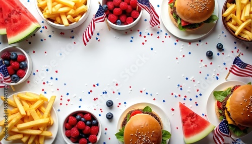 Wallpaper Mural Festive Independence Day BBQ spread featuring classic American foods like burgers, fries. Decorated with US flags, confetti, watermelon, blueberries, raspberries, overhead shot evokes patriotic Torontodigital.ca