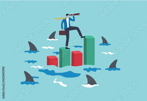 Risk management for investment or stock trading, crypto currency or economic, market volatility or uncertainty challenge, investment strategy concept, businessman with telescope on risky graph.