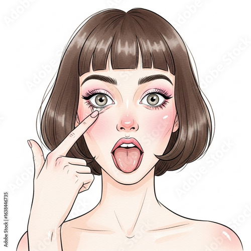 Vector art of cartoon girl with bob haircut putting contact lens in eye on white background