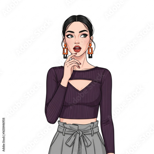 Vector art of portrait of a beautiful brunette woman thinking isolated on white background