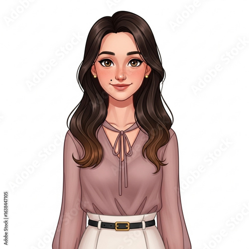 Vector art of portrait of a beautiful brunette woman with long hair isolated on white background