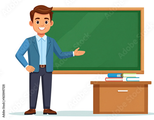 Smiling teacher at blackboard cartoon vector transparent background