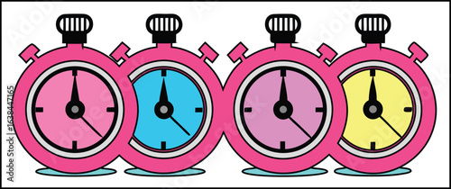 Four colorful stopwatches lined up on white background