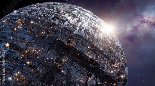 Fototapeta Naklejka Na Ścianę i Meble -  Futuristic space station orbiting nebula; sunrise