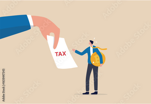 Crypto currency tax, government make crypto investor to pay tax for capital gain or profit concept, businessman investor holding bitcoin surprised by government hand issue tax bill