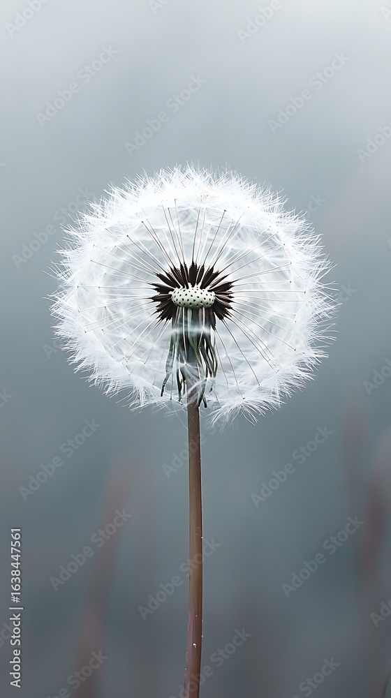 Fototapeta premium Close up of a delicate white dandelion seed head against a soft grey background