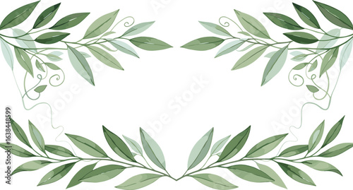Leaf border design, green vines, decorative foliage, nature frame, botanical ornament, elegant leaves, blank space, invitation template, greeting card, natural layout