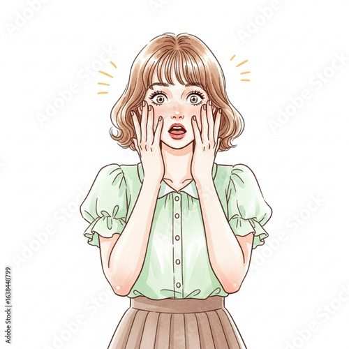 Vector art of young woman with surprised expression isolated on white background