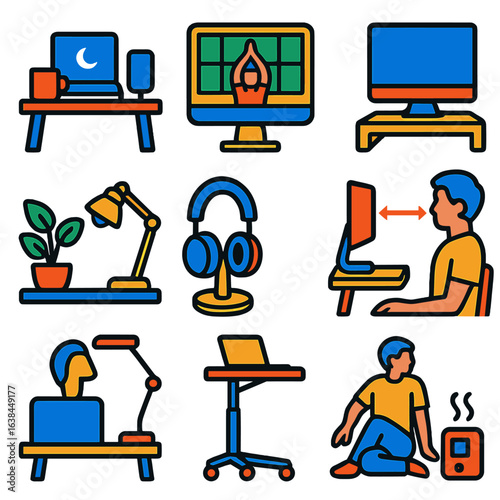 Ergonomic Office Icons. Flat vector icons of home office ergonomics and setup: smart desk setup with device icons, desktop yoga